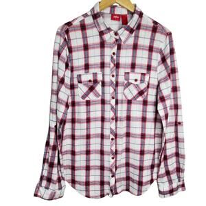 Daytrip Red White Plaid Flannel Roll Tab Long Sleeve Button Up Shirt XL